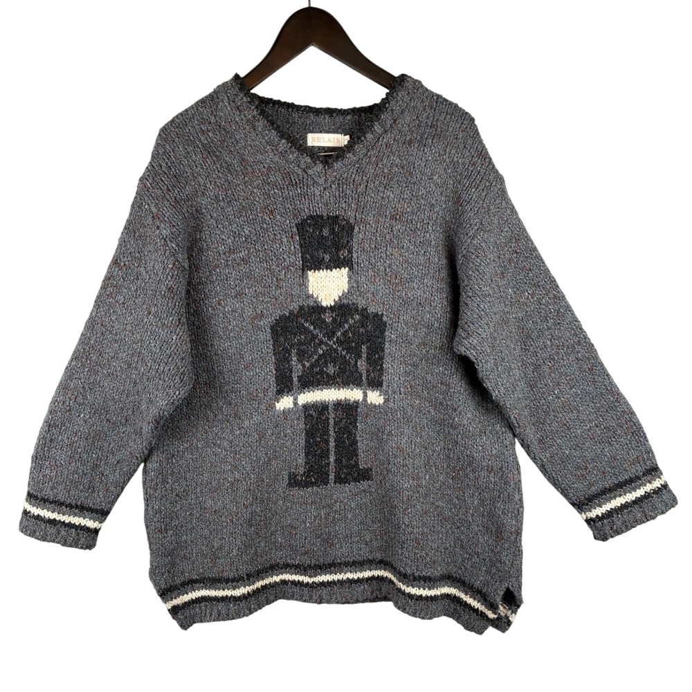 Vtg Relais Sweater Women XL Toy Soldier Gray Marled Christmas Grandpa Chunky